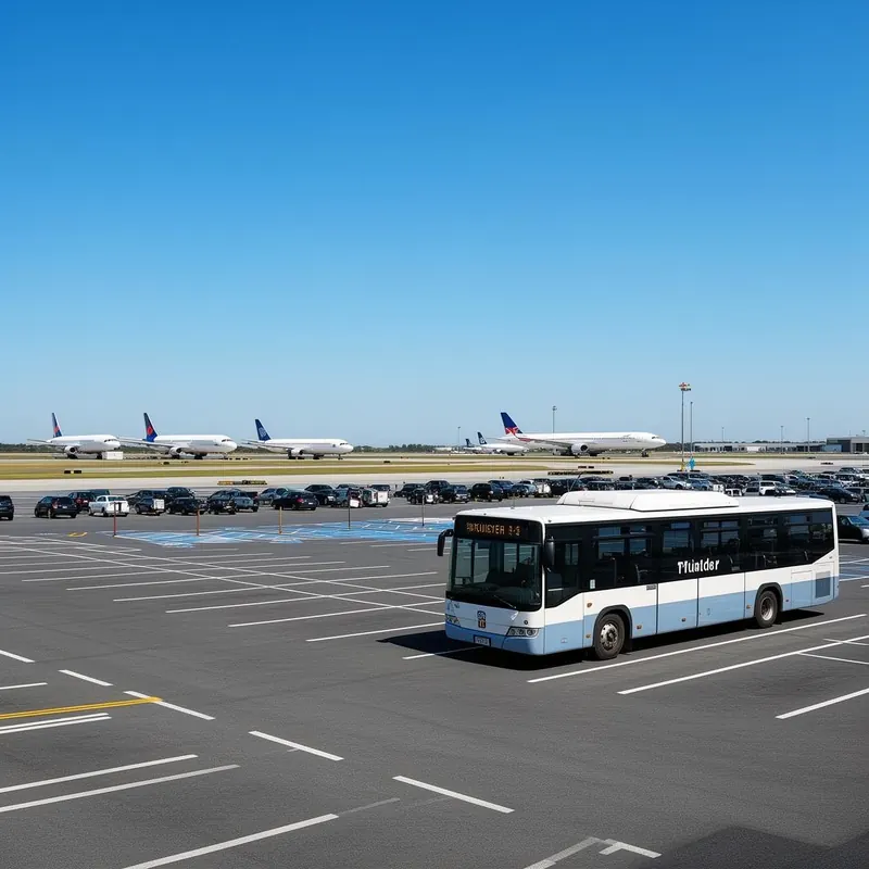 Parque de estacionamento com autocarro de transfer para o Aeroporto de Faro